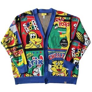 Lazy Oaf Cereal Box Cardigan Multicolor Graphic Knit Oversized V-Neck Sweater